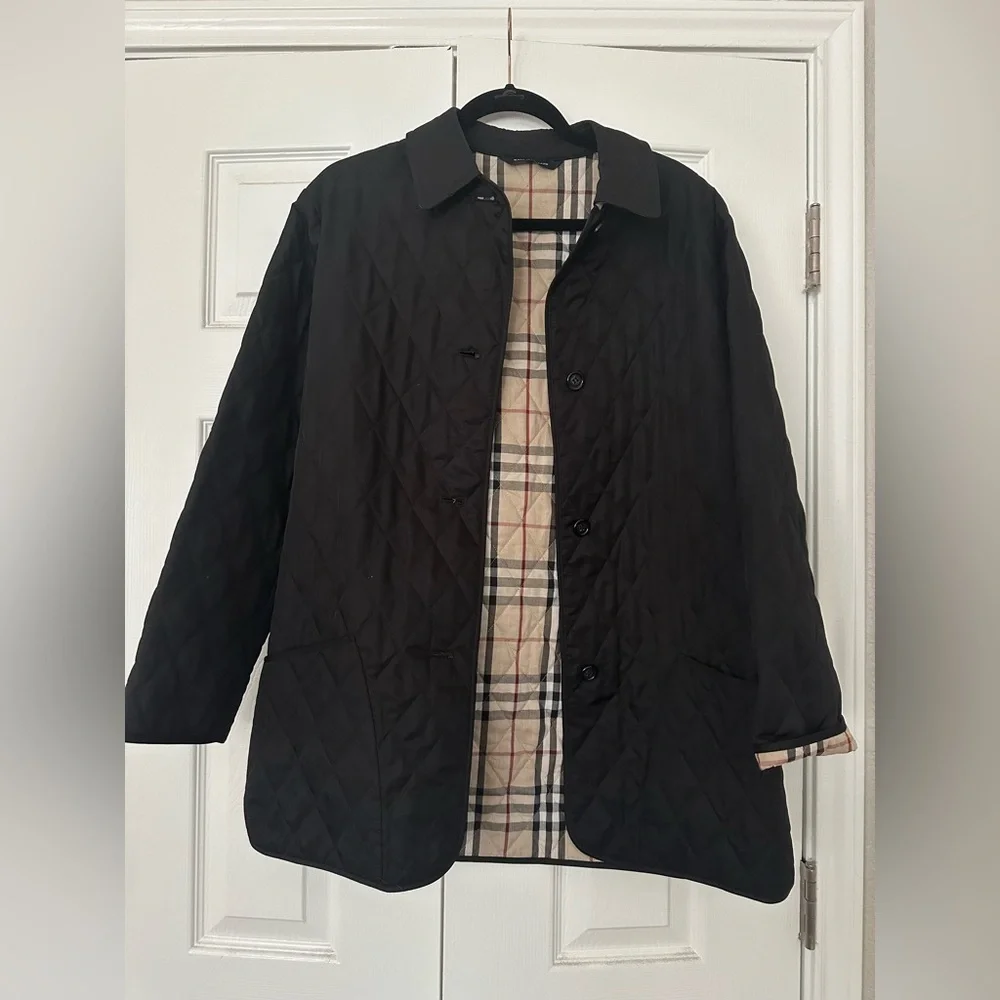Black Quilted Coat with Plaid Lining - Picture 1 of 3